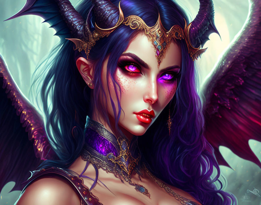 Purple-skinned fantasy character with pink eyes, dark horns, gold jewelry, and magical amulet.