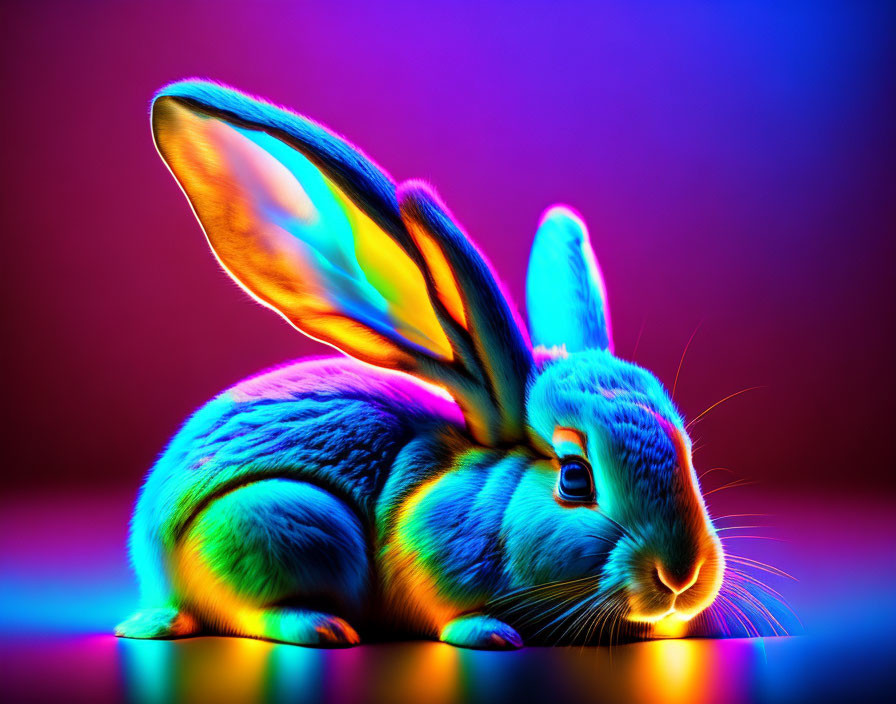 Colorful Rabbit in Neon Lights on Gradient Background