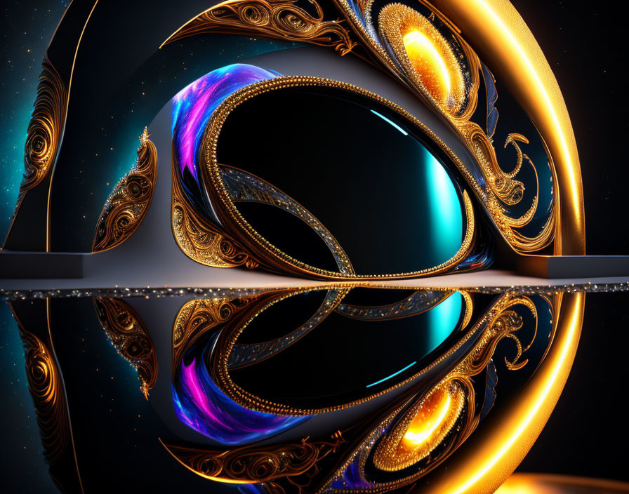 Vivid cosmic fractal infinity symbol on dark background