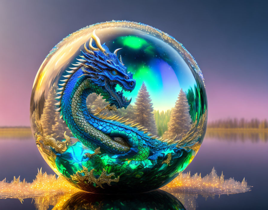 Blue dragon encircling orb in vivid nightscape.