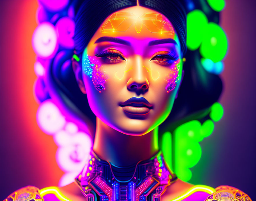 Colorful digital portrait of a woman in neon makeup and futuristic attire on bokeh light background