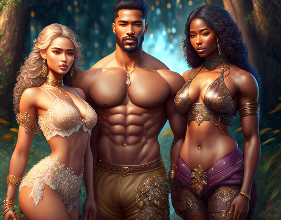 Three stylized muscular fantasy characters in ornate clothing in forest setting