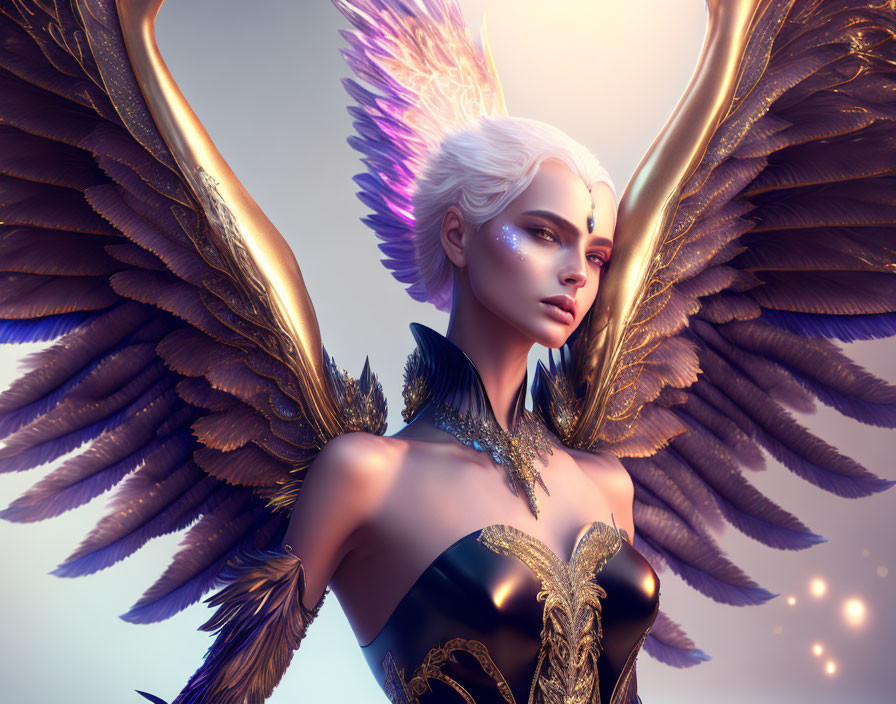 Fantasy character portrait with white hair and golden-feathered wings in gold and black corset.