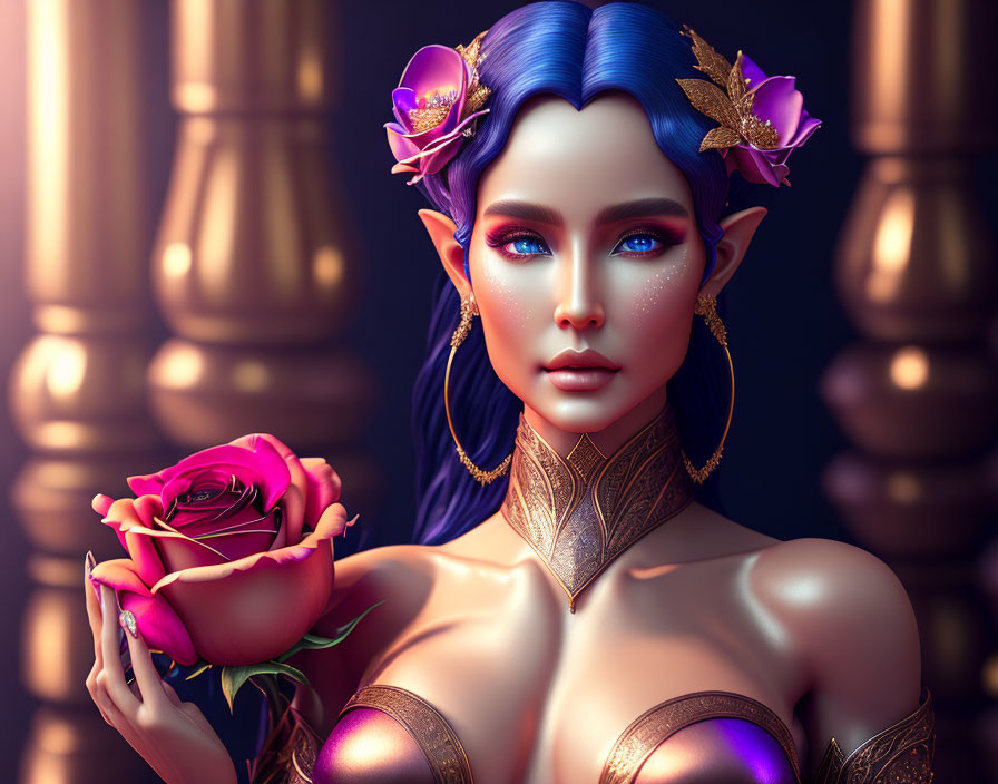 Fantasy female character with blue skin, ears, hair, gold and purple floral accessories, holding a