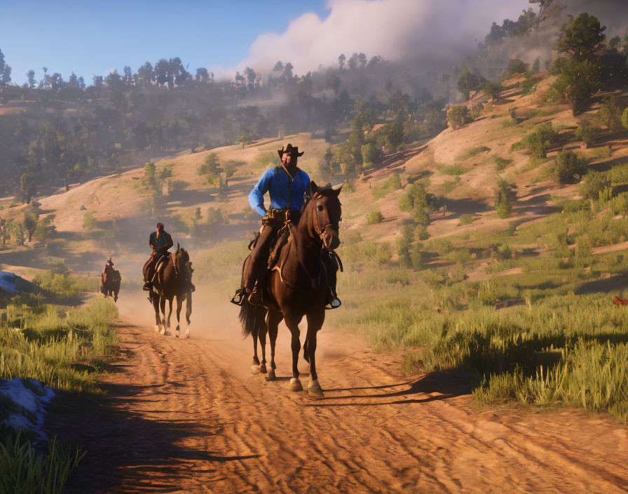 Cowboys on Horses Riding Dusty Trail at Sunrise/Sunset