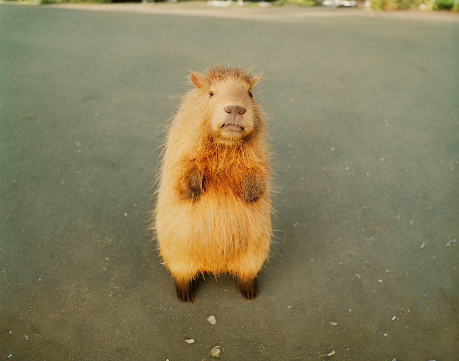 Calm capybara on paved surface with greenery in soft daylight