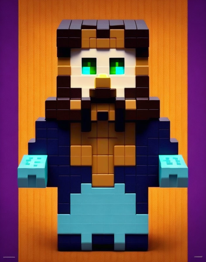 Pixelated Lego-Like Figure with Brown Beard and Blue Suit on Orange and Purple Background