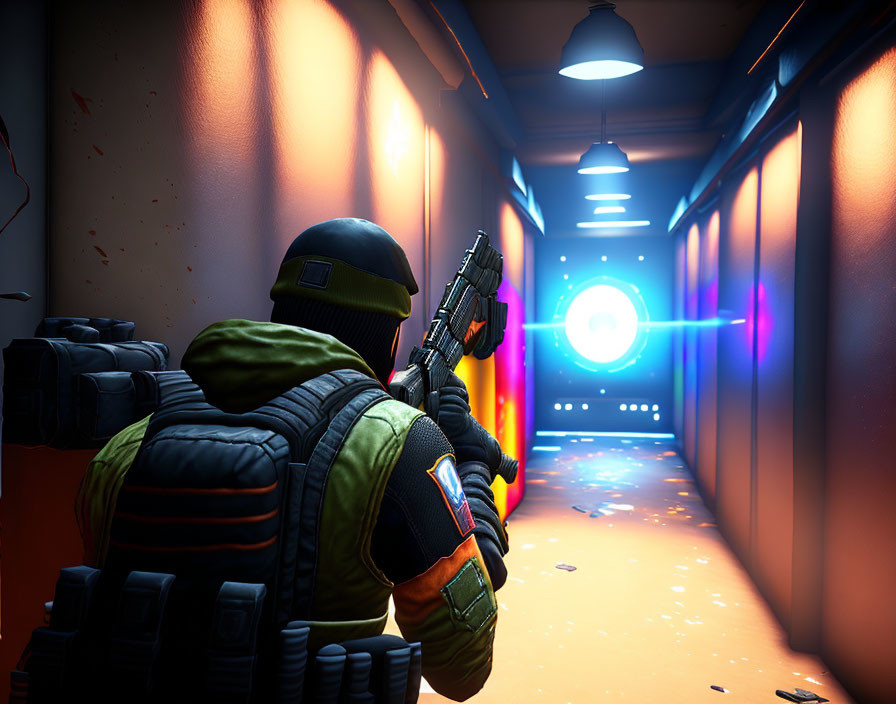 Soldier in tactical gear navigating neon-lit futuristic corridor