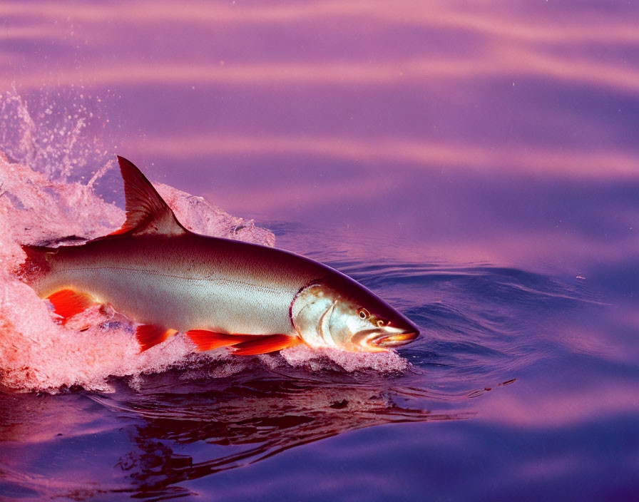 Colorful salmon leaping in pink-tinted water with splashes