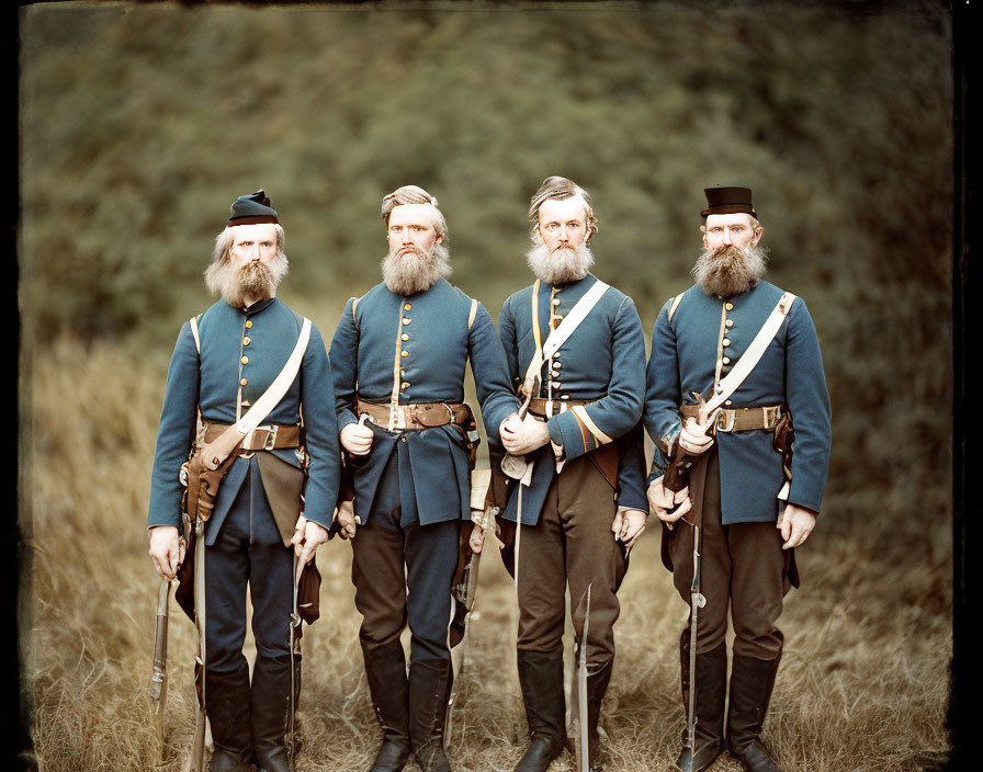 Four men in historical military uniforms with rifles and kepis.