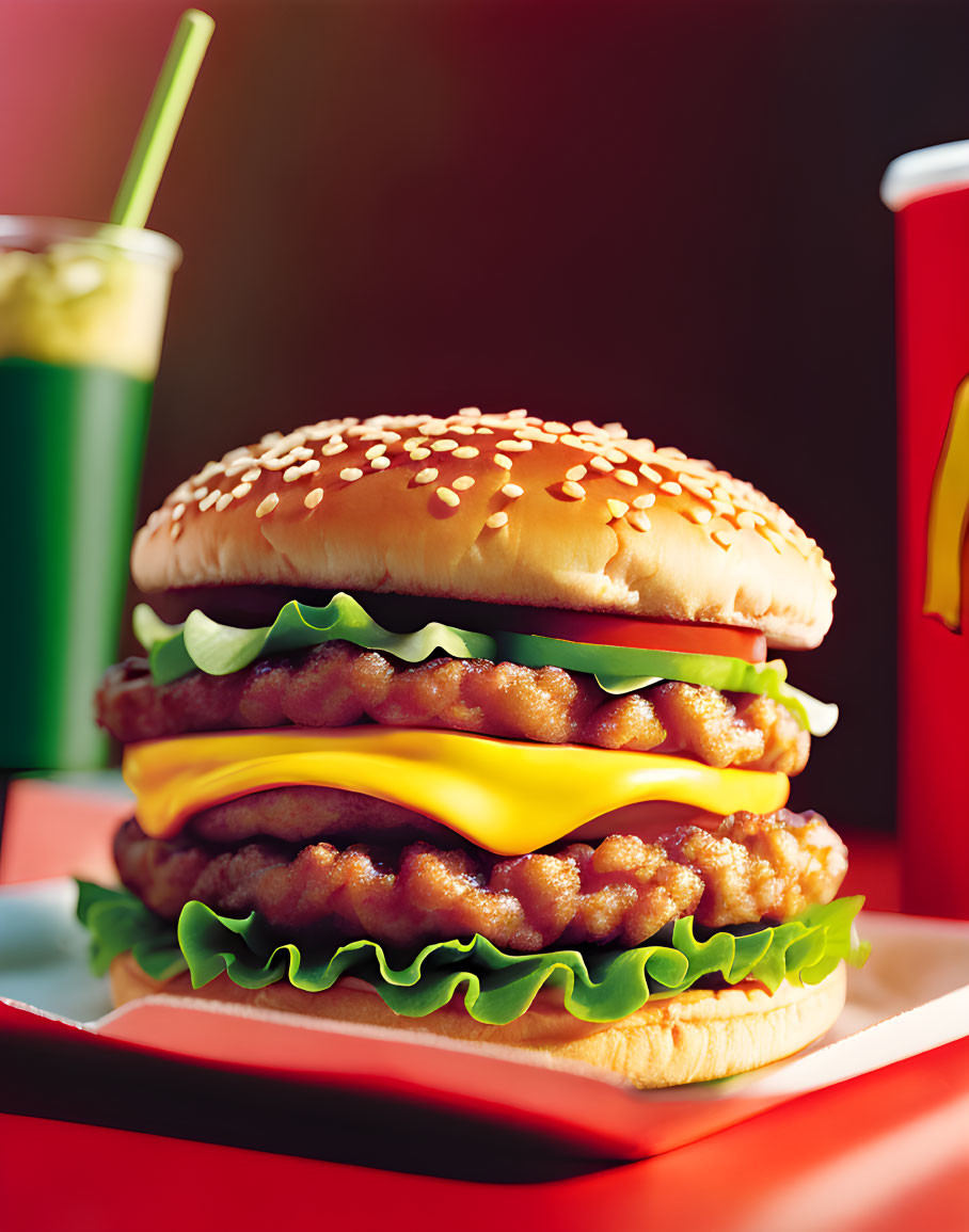 Double Cheeseburger with Lettuce on Sesame Seed Bun, Drink and Fries