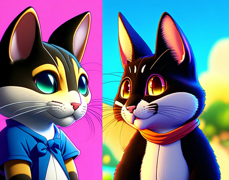 Stylized cartoon cats with expressive eyes in colorful attire against vibrant backgrounds