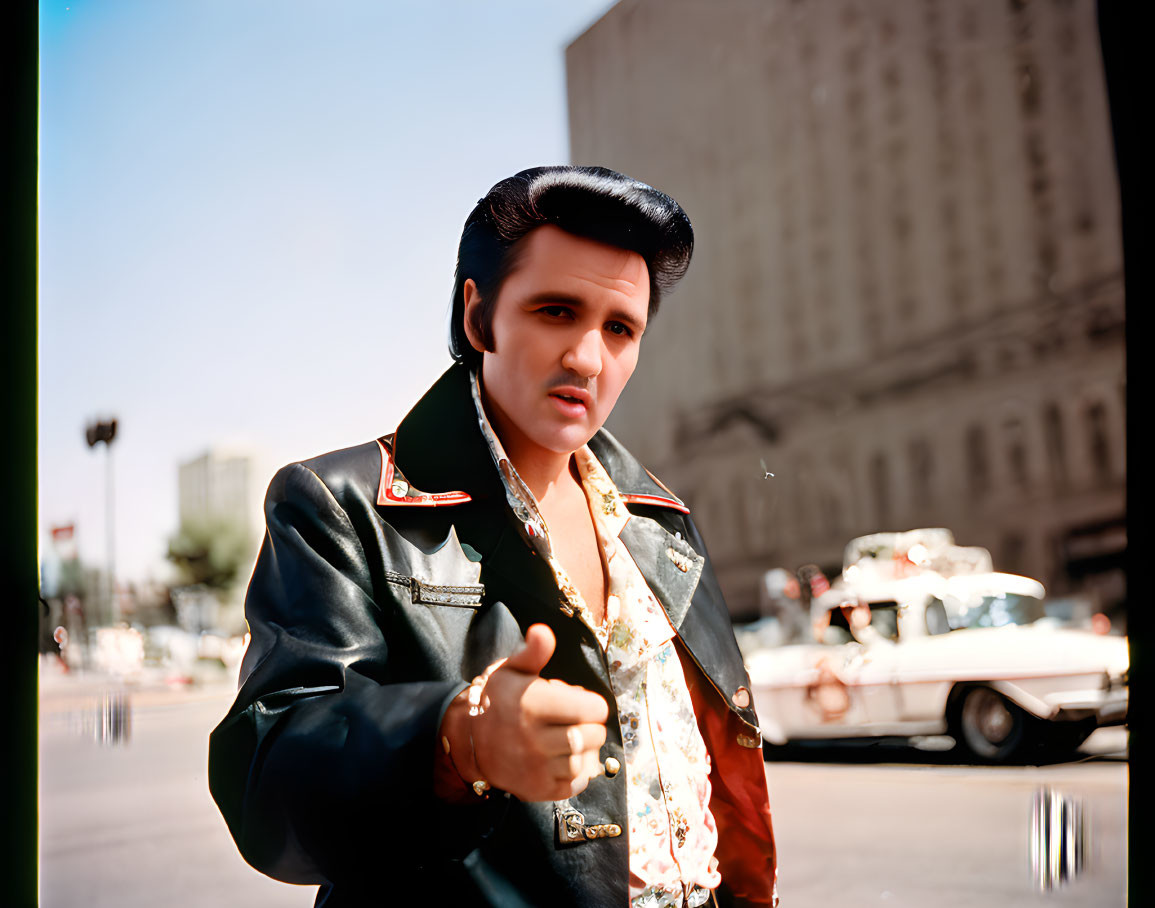 Man in black jacket and patterned shirt resembling Elvis Presley giving thumbs-up on sunny city street with