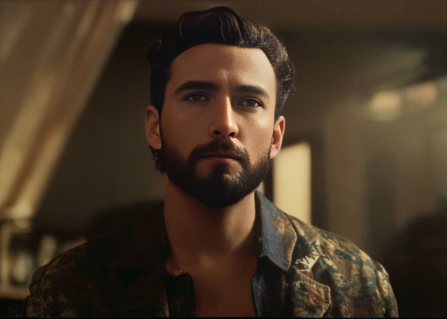 Contemplative man with beard and styled hair in warm-lit room wearing camouflage shirt