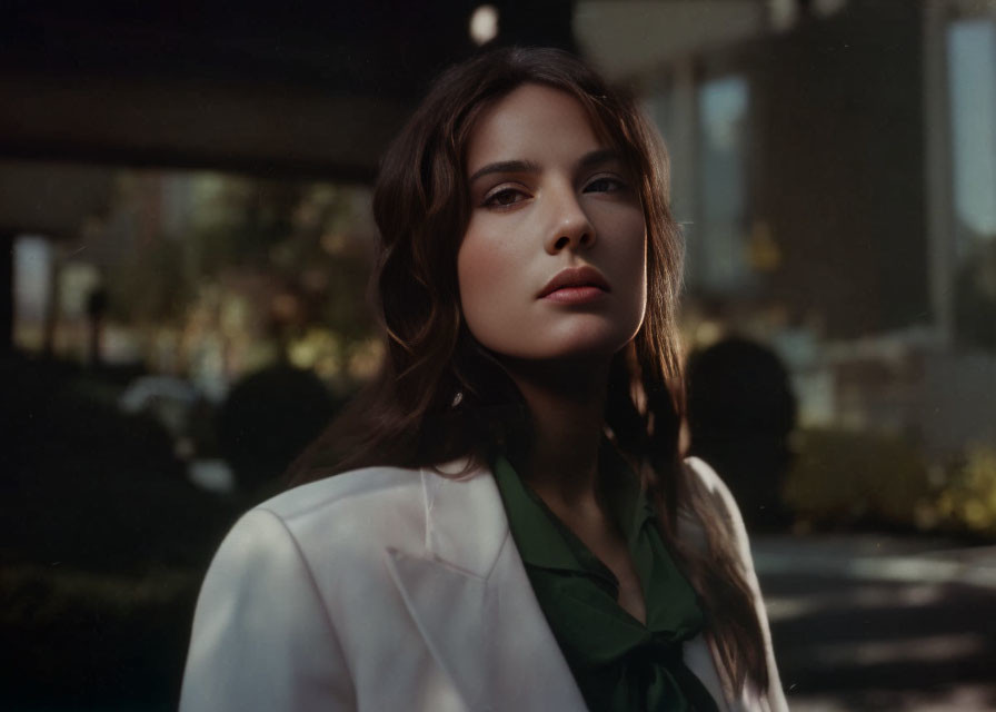 Dark-haired woman in white outfit with green scarf in soft sunlight