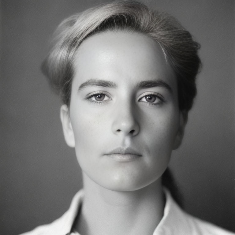 Monochrome portrait of woman with short hair, neutral expression