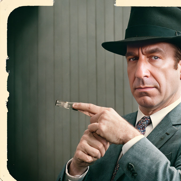 Vintage man in suit and fedora pointing gun against iron backdrop