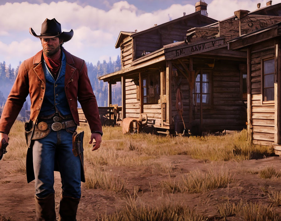 Cowboy in period attire walking in dusty Western town with wooden buildings.