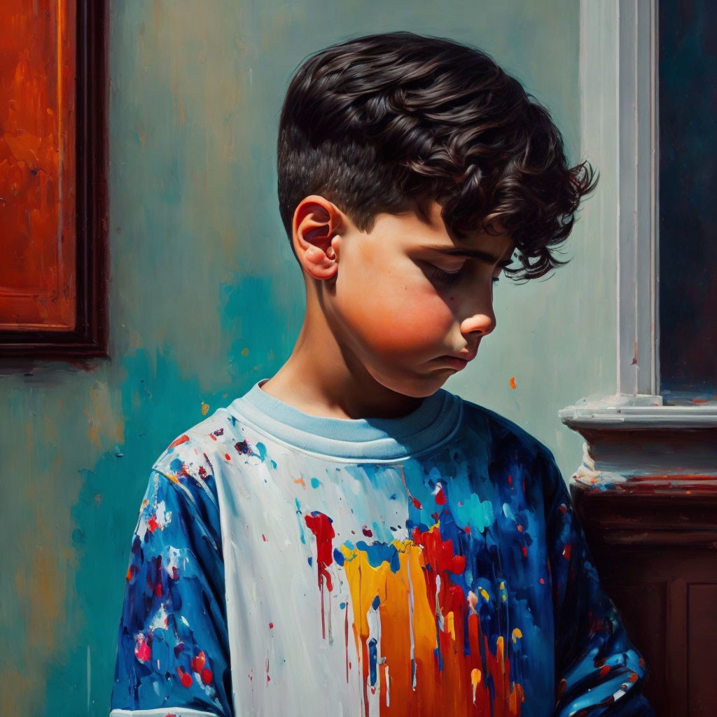 Young boy with curly hair in paint-splattered shirt against wall and window