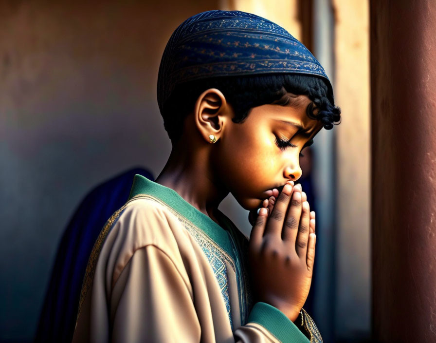 Child in prayer with traditional attire and warm light