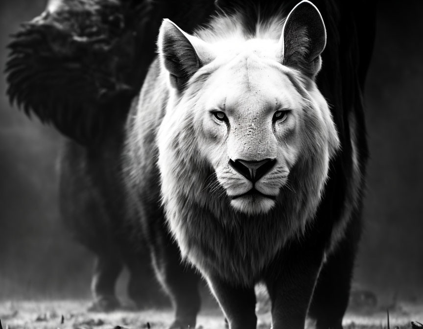 Monochrome image of intense lion against blurred background