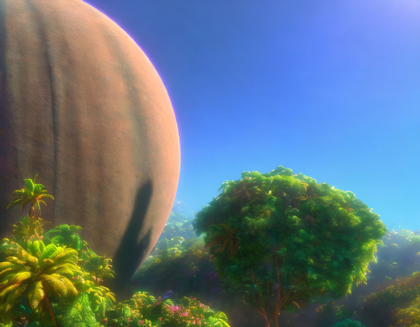 Surreal giant spherical object in lush jungle under hazy sky