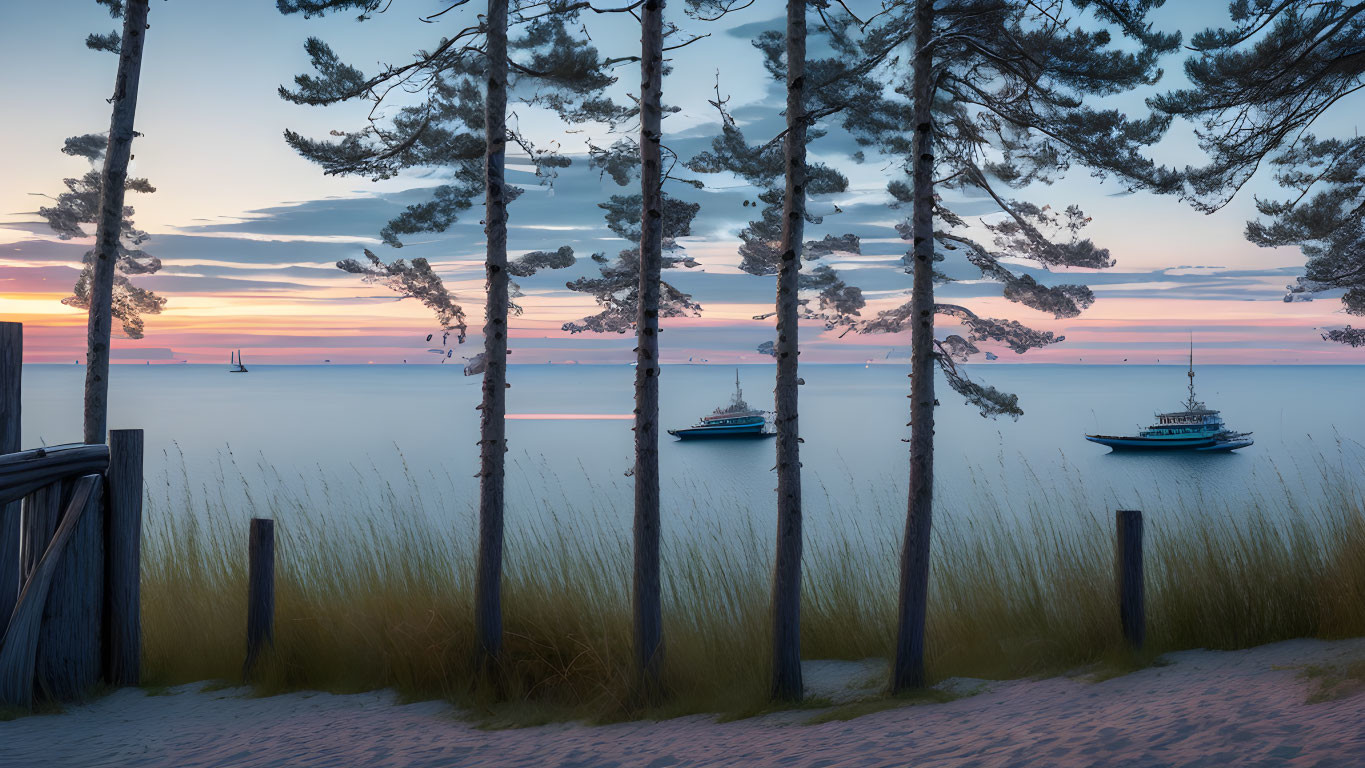 Twilight beach scene with pine trees, calm sea, boats, and pastel sky