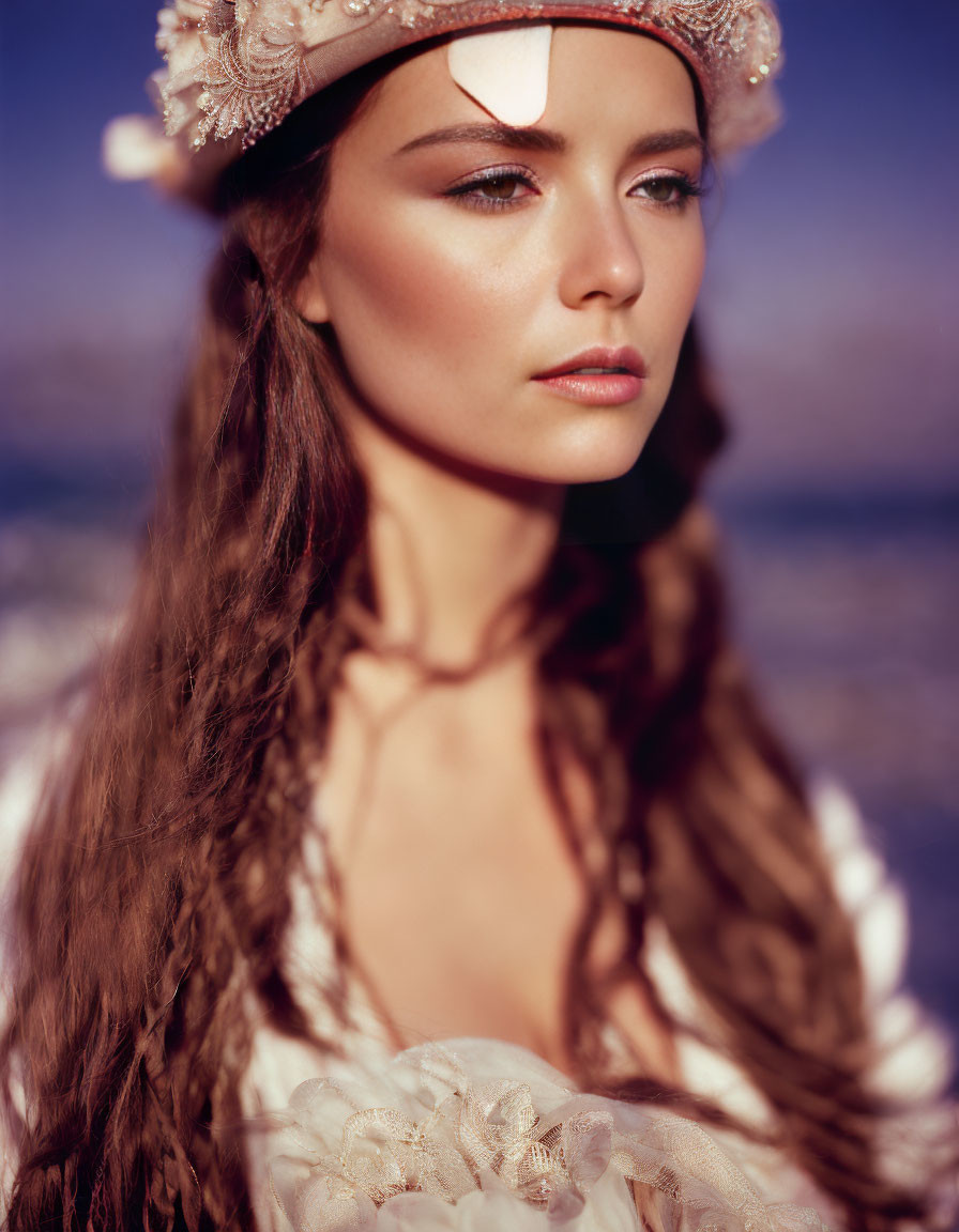 Dreamy woman with decorative hairpiece in natural setting