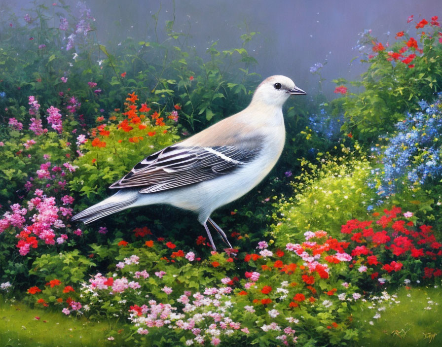 Gray and White Bird in Colorful Garden with Misty Background