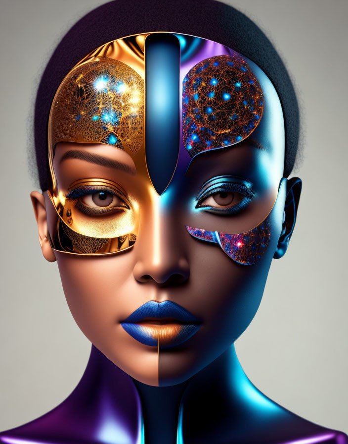 Split-image of woman's face: half-human with golden makeup, half-robotic with cosmic circuit