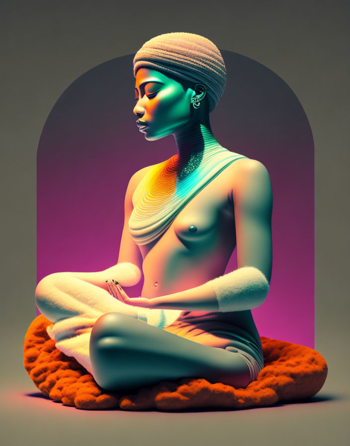 Colorful Stylized Person Meditating with Elongated Neck and Turban