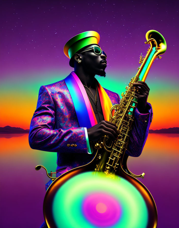 Vibrant saxophone player in iridescent suit at sunset