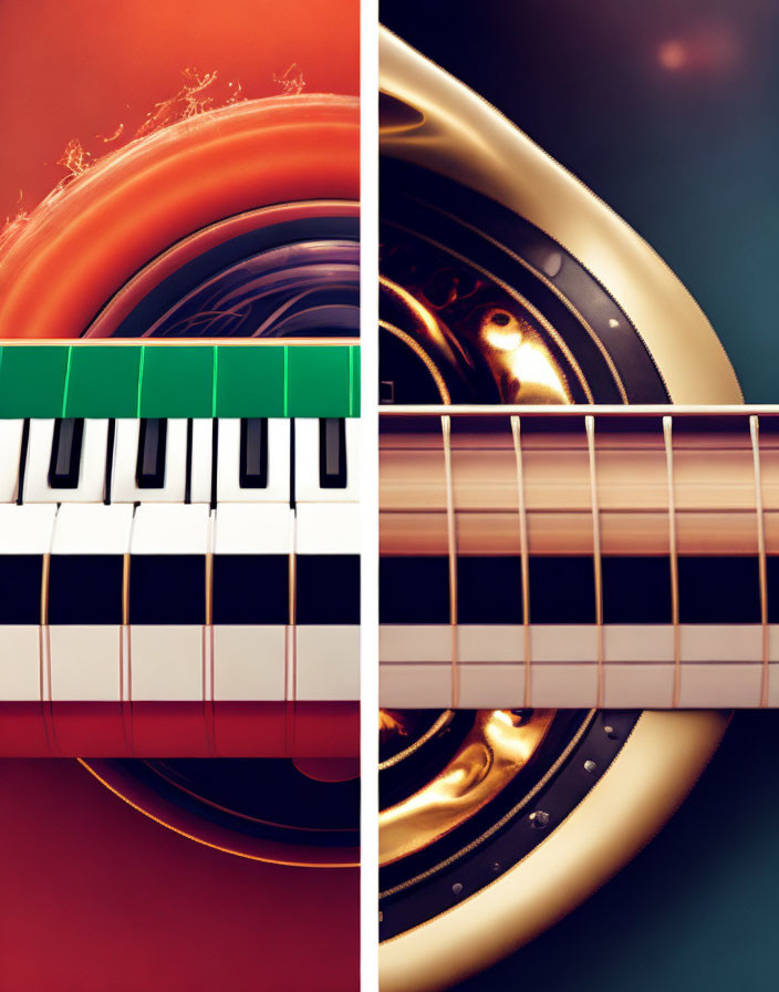 Split Image of Piano Keys and Guitar Fretboard with Colorful Backgrounds