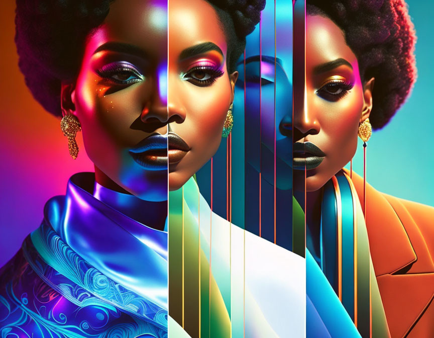 Vibrant makeup and colorful lighting in stylized dual portrait artwork