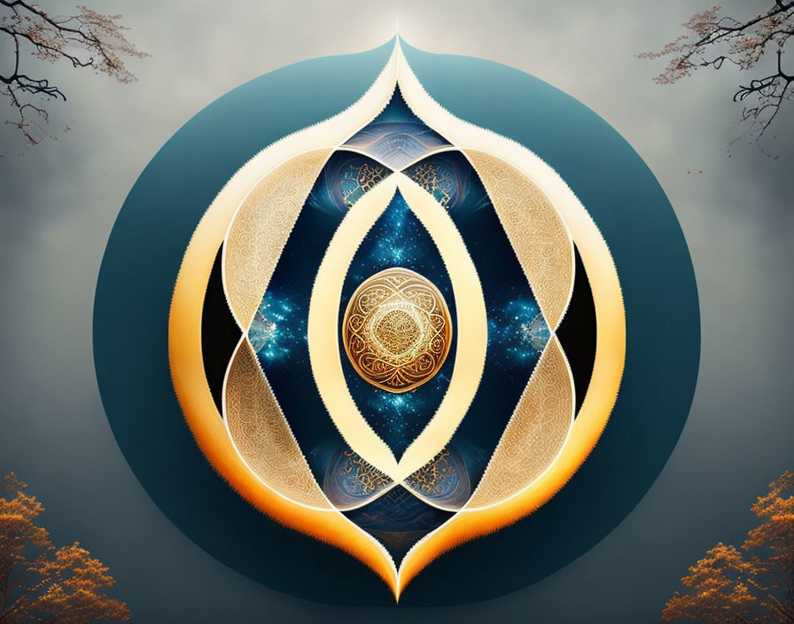 Symmetrical White and Gold Cosmic Shapes on Starry Background