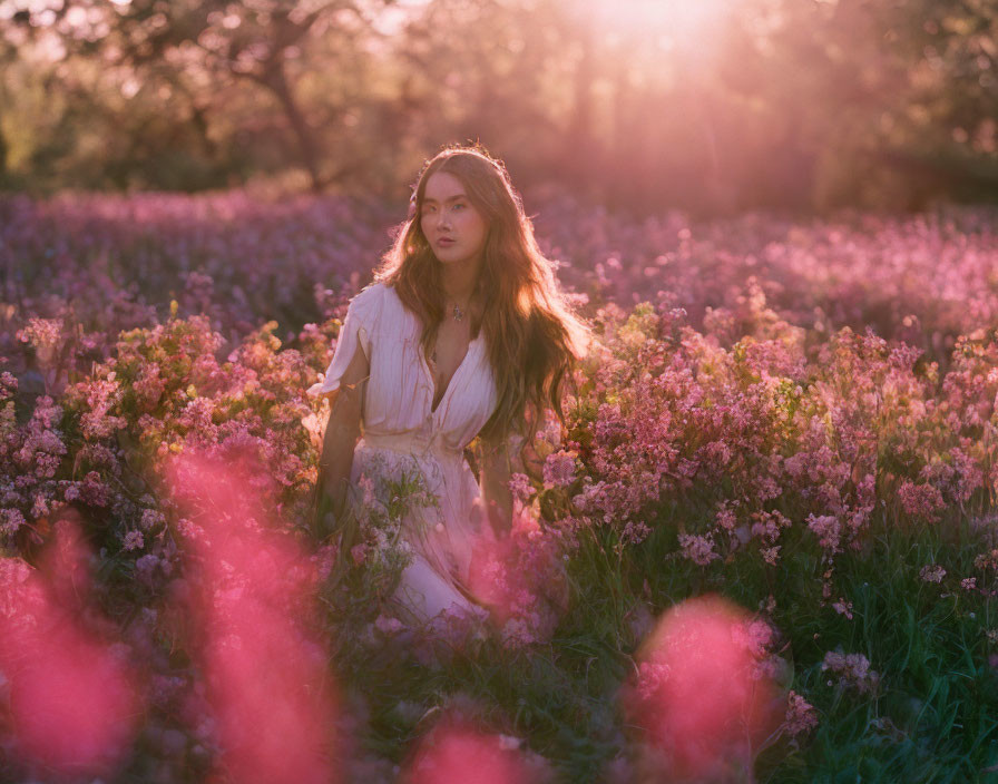 Woman in white dress surrounded by pink flowers in golden sunlight