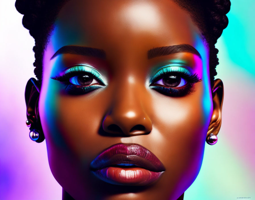 Portrait of Woman with Turquoise Eyeshadow and Glossy Lips