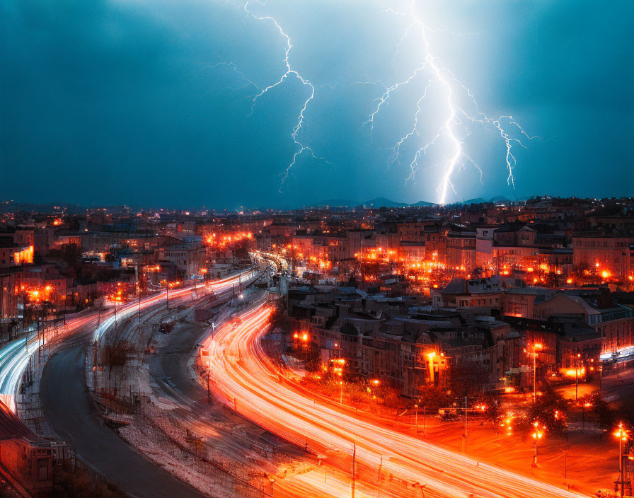 Cityscape at Dusk with Lightning and Traffic Light Trails