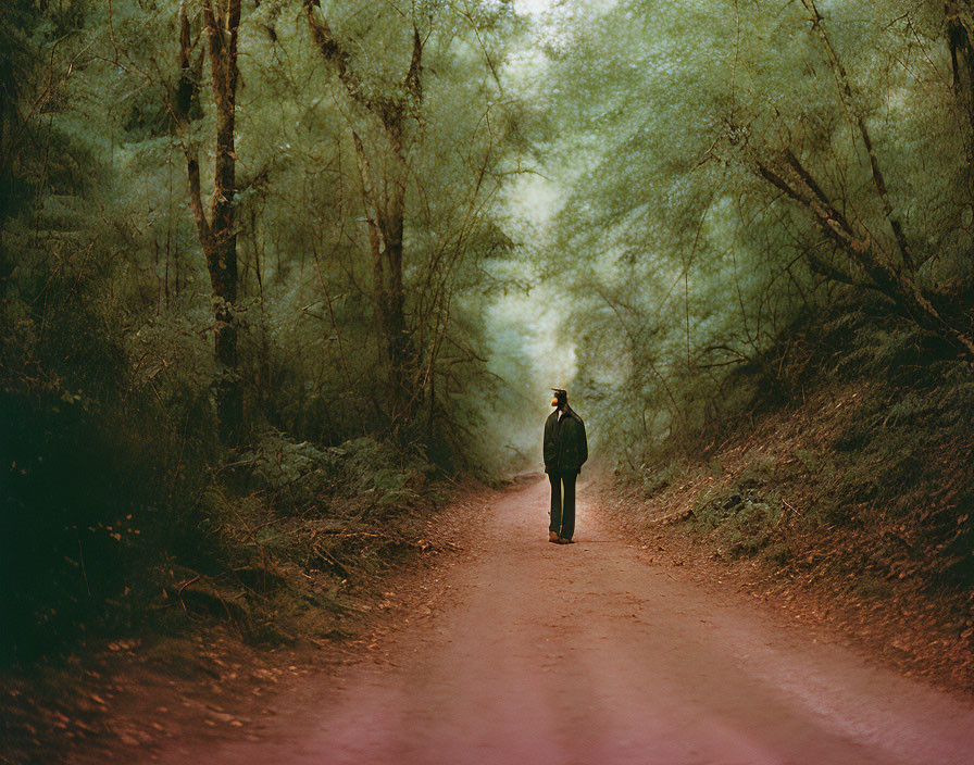 Solitary figure on reddish path in dense green forest