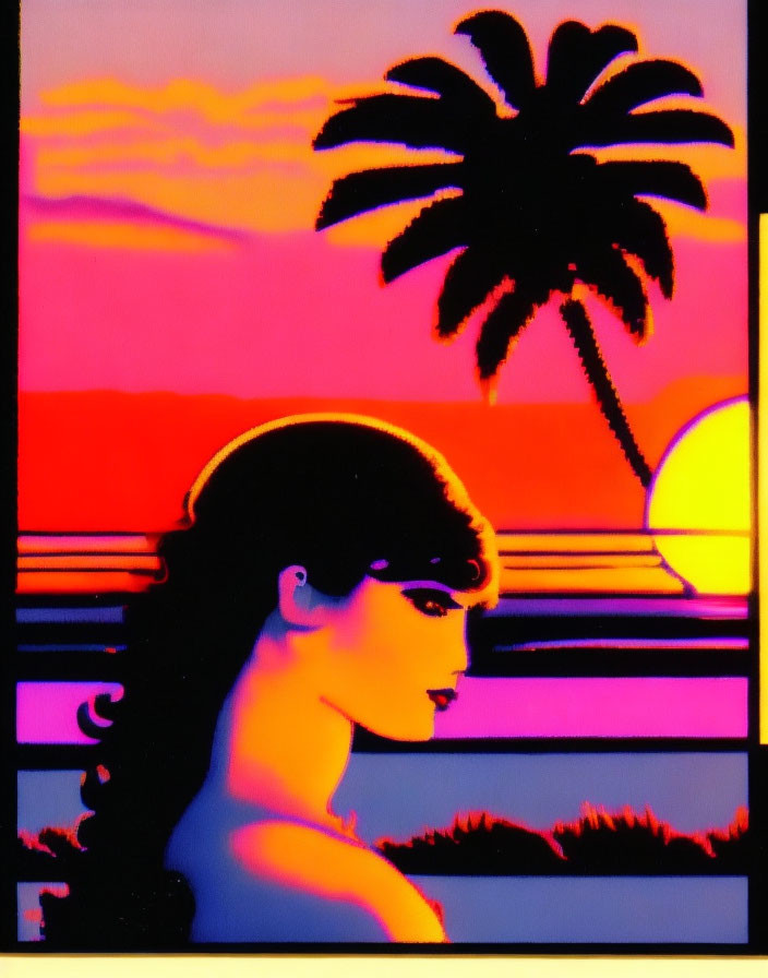 Woman's profile against vibrant sunset with palm trees in silhouette.