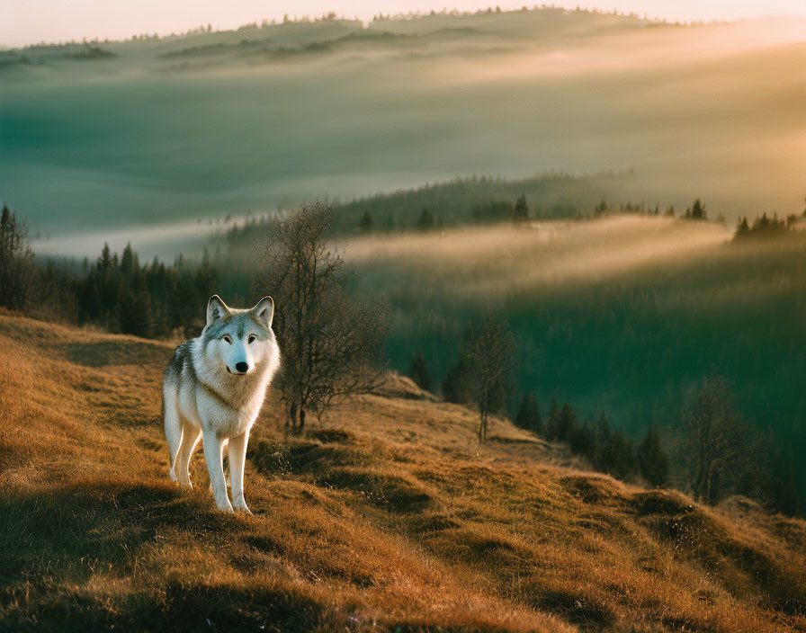 Solitary wolf at sunrise on grassy hill amid misty hills