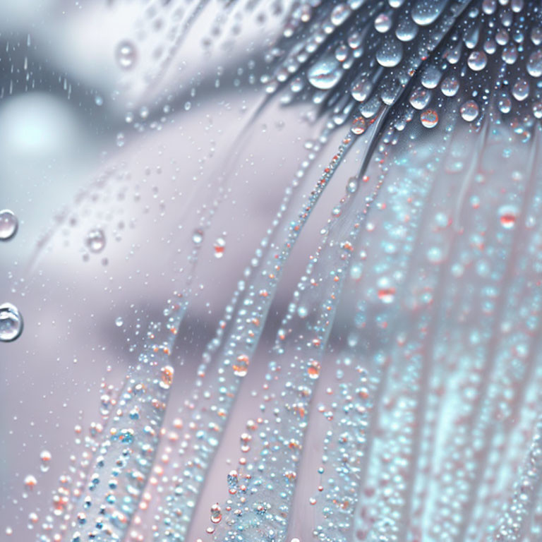 Macro Photography: Water Droplets on Feather in Blue and Gray Tones