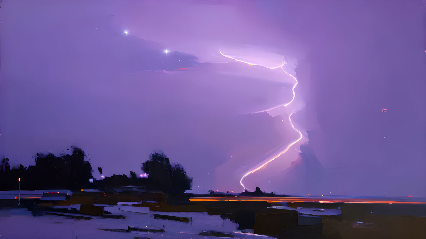 Digital artwork: Lightning bolt over dusky landscape