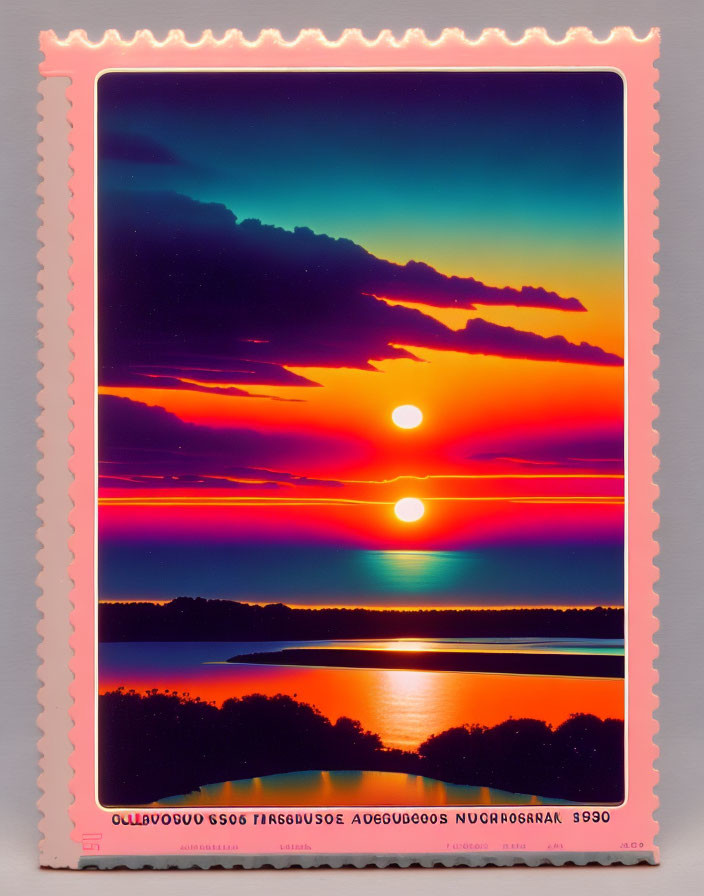 Vibrant sunset postage stamp with double sun illusion