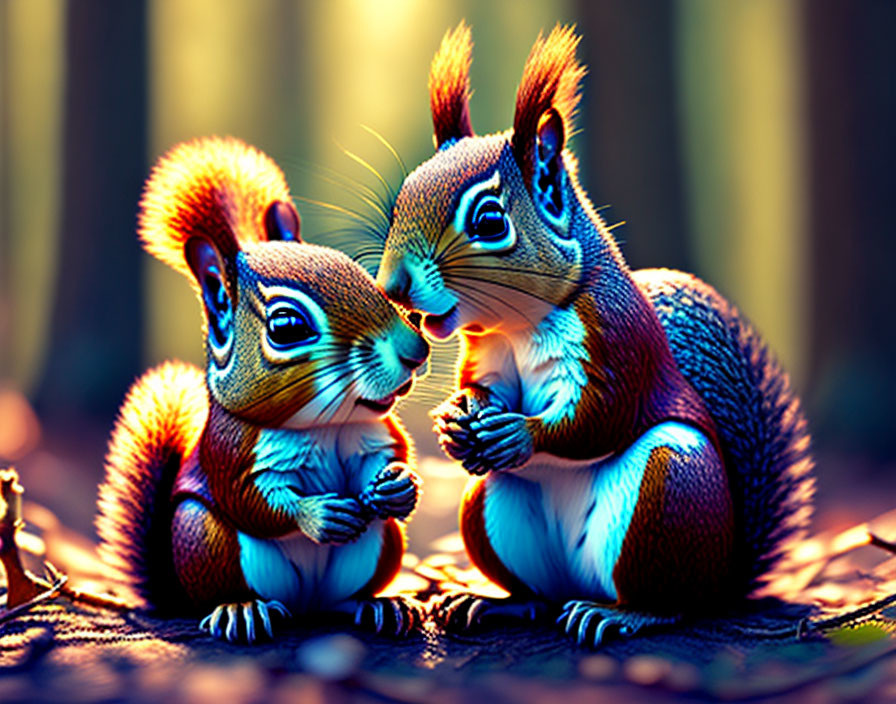 Illustrated squirrels in colorful fairytale forest