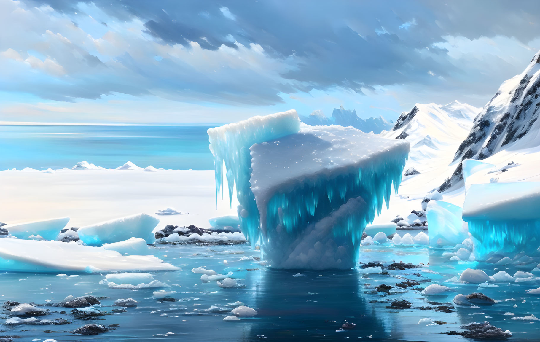 Tranquil Polar Landscape with Icebergs and Snow-Covered Mountains