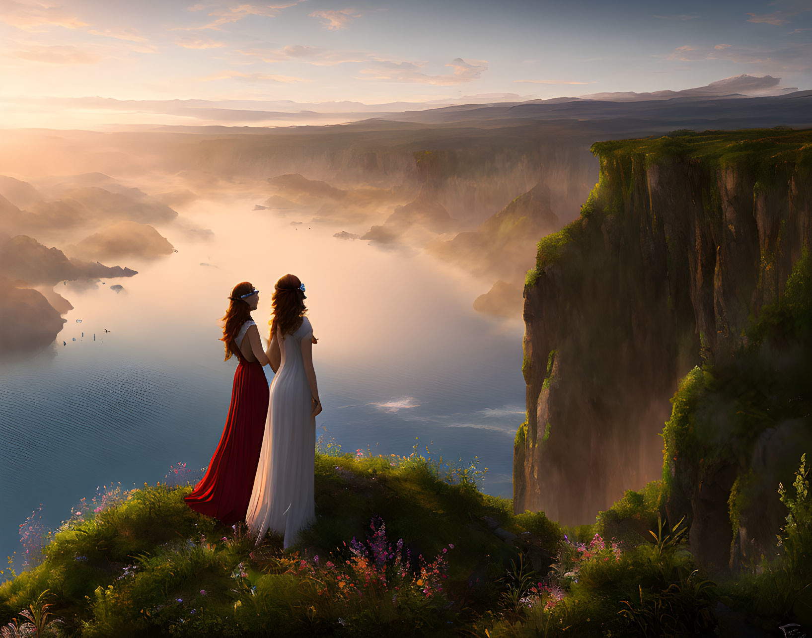 Two people on cliff above river valley at sunset with vibrant flowers.