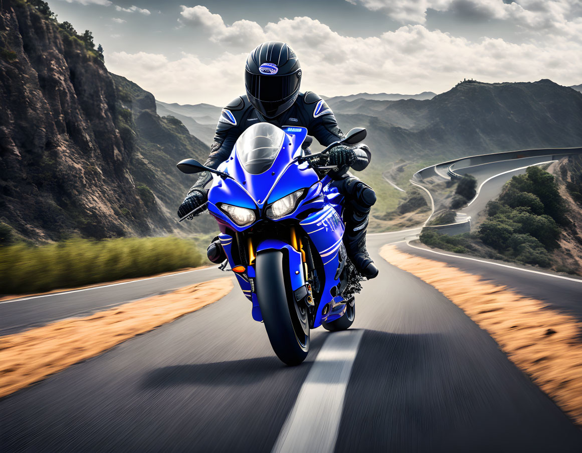 Motorcyclist in Full-Face Helmet Leans on Blue Sport Bike on Mountain Road