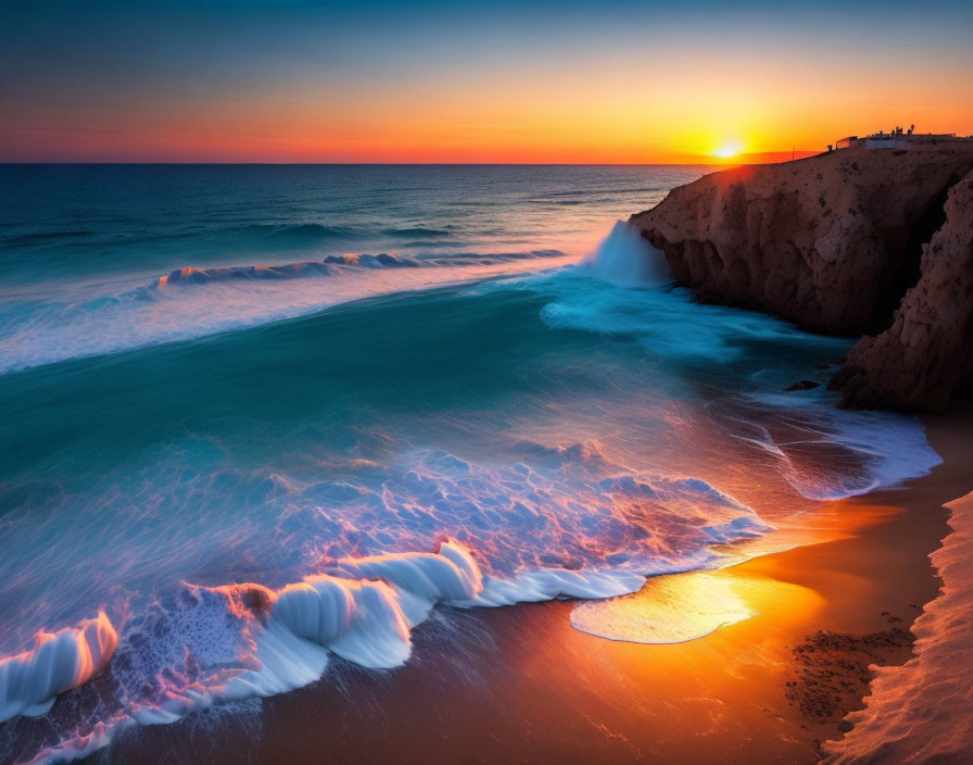 Vibrant sunset over beach with crashing waves and rocky cliff