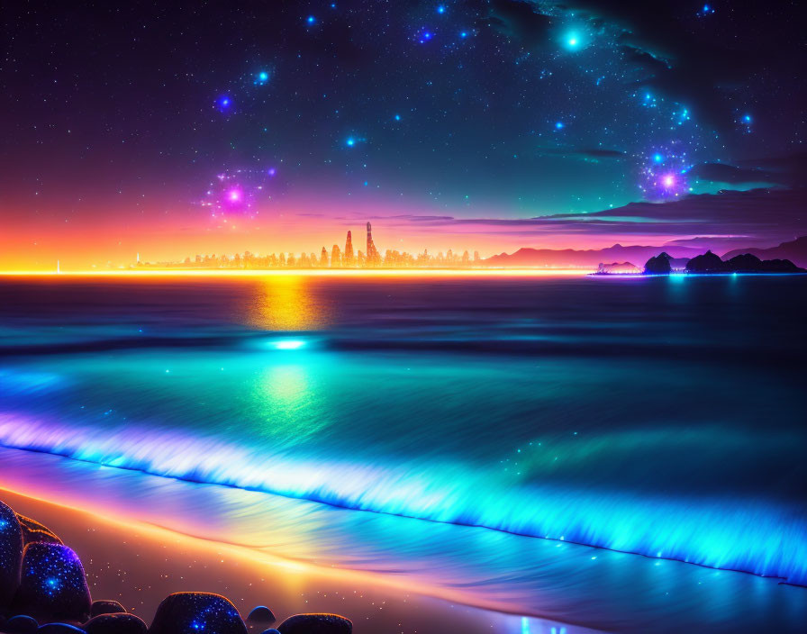 Colorful Night Beach Scene with Glowing Ocean Waves